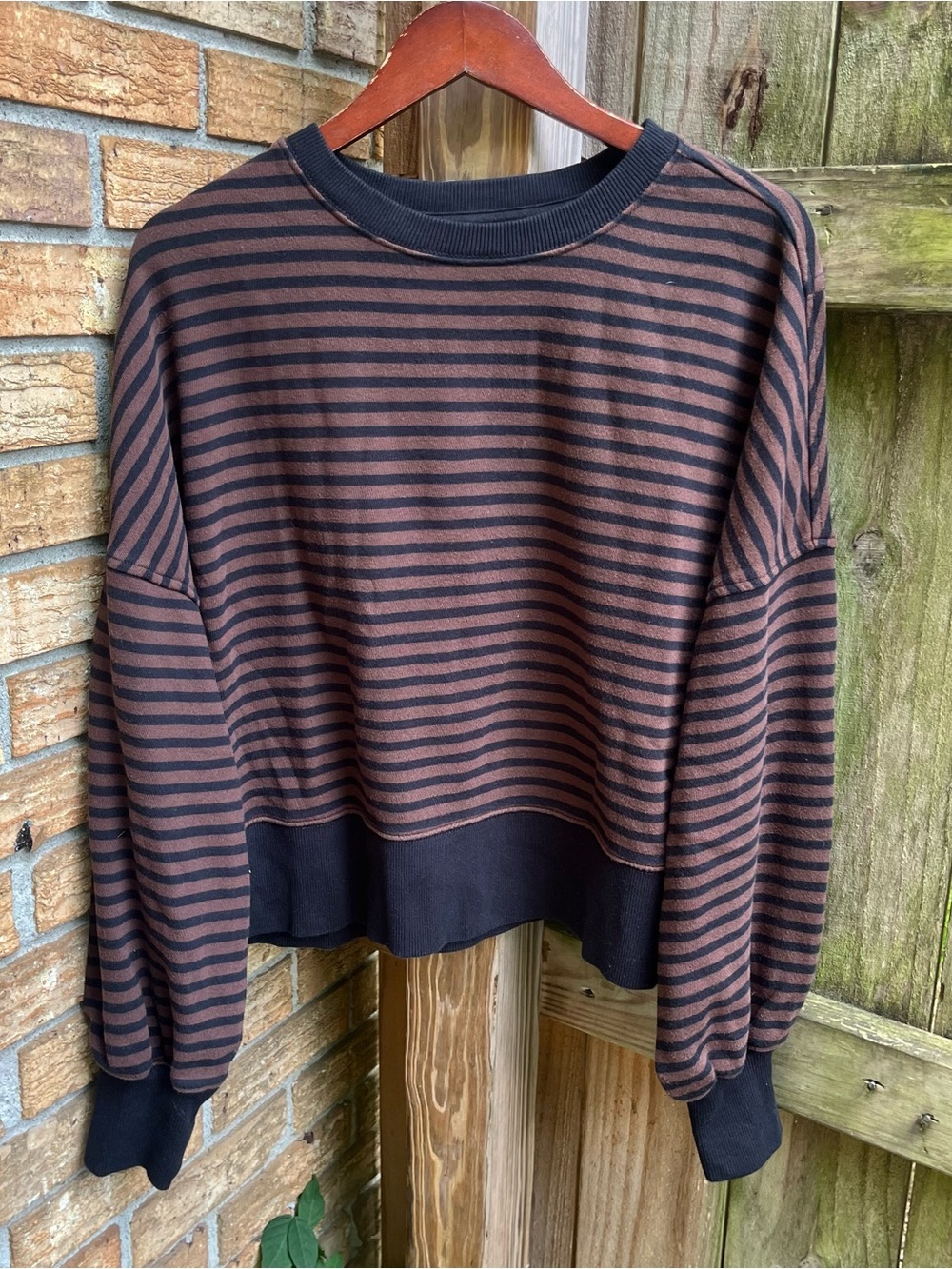 aerie Brown and Black Striped Crewneck Sweatshirt